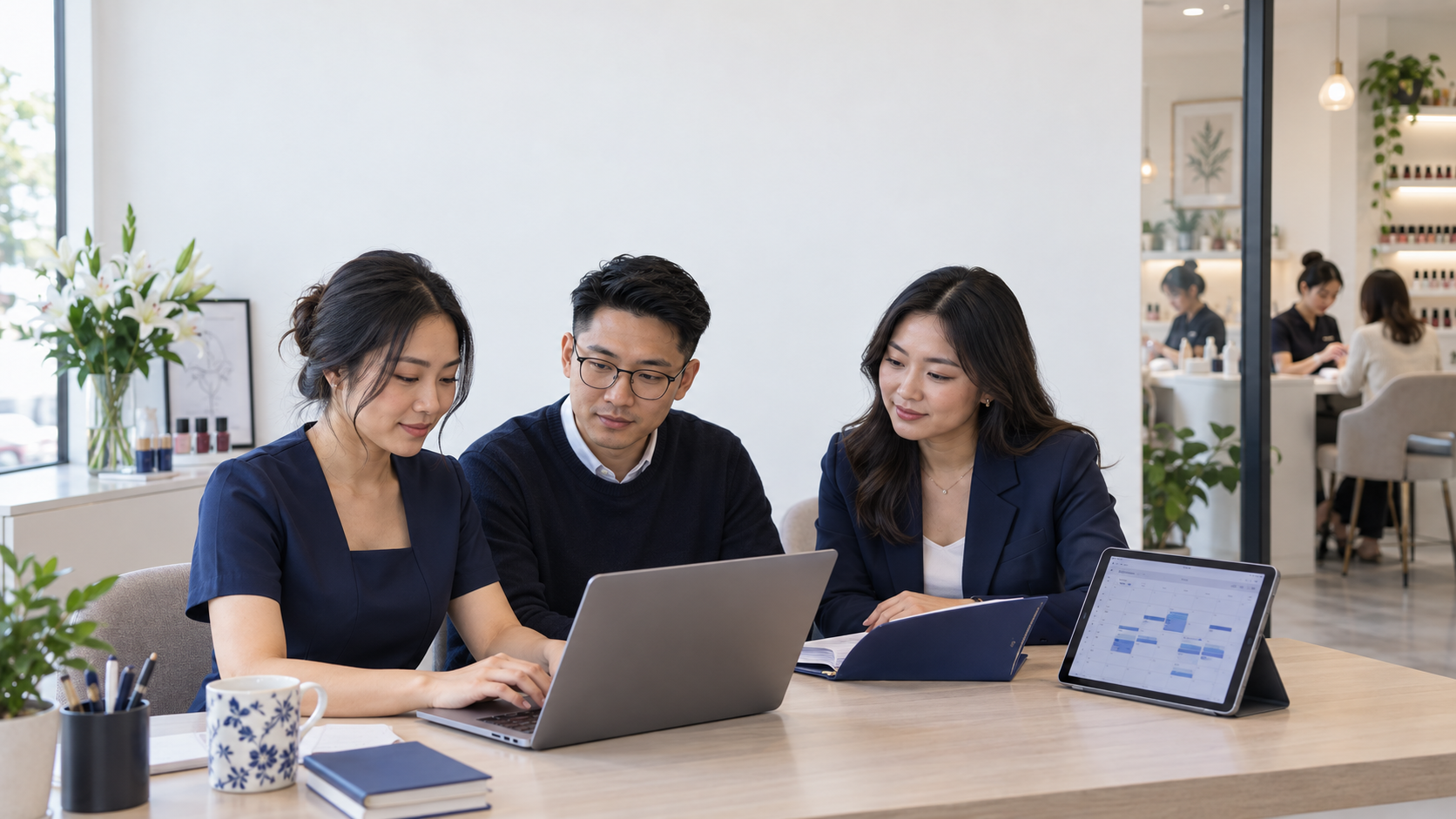Đội ngũ cùng ngồi xem lại hồ sơ, người nhận bàn giao trực tiếp thao tác trên máy tính.