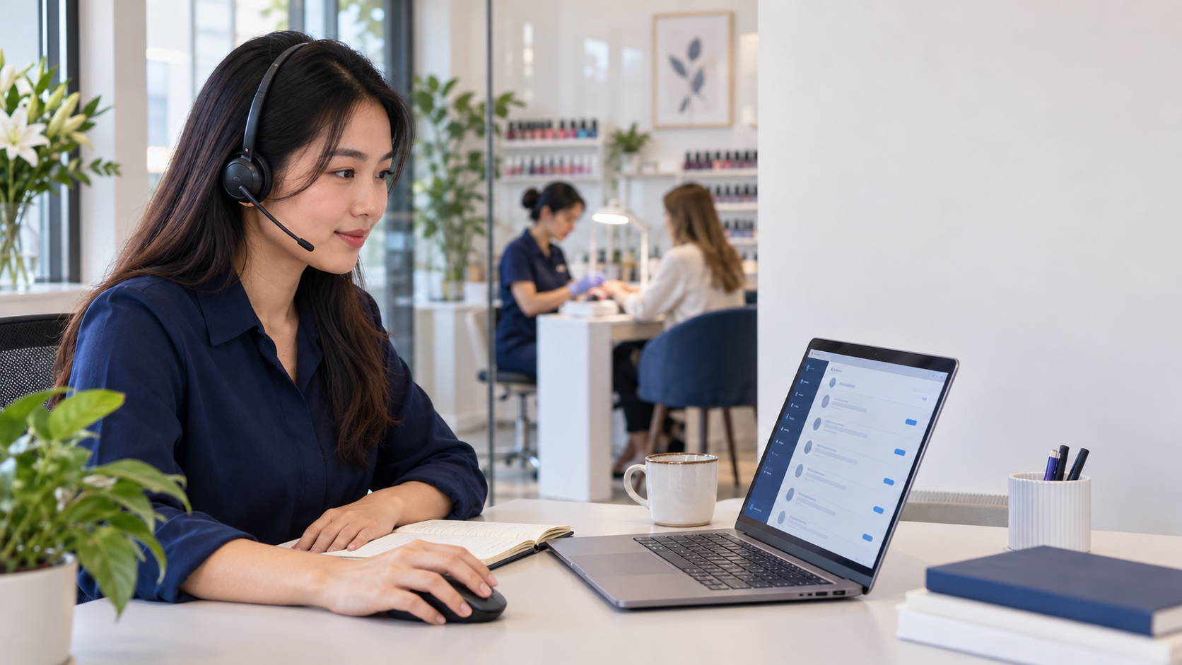 Nhân viên hỗ trợ đeo tai nghe ngồi làm việc, phía sau tiệm vẫn đang phục vụ khách.